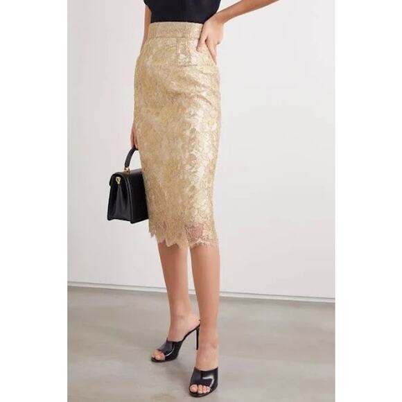 NWT Dolce & Gabbana Metallic Gold Lace Brocade Midi Skirt IT 38 US XS - Picture 1 of 11